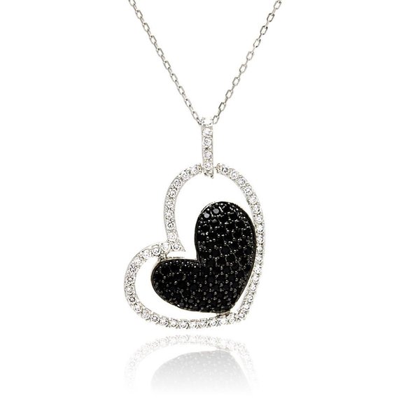 Silver 925 Rhodium Black Rhodium Plated Clear Black CZ Heart - Main Image